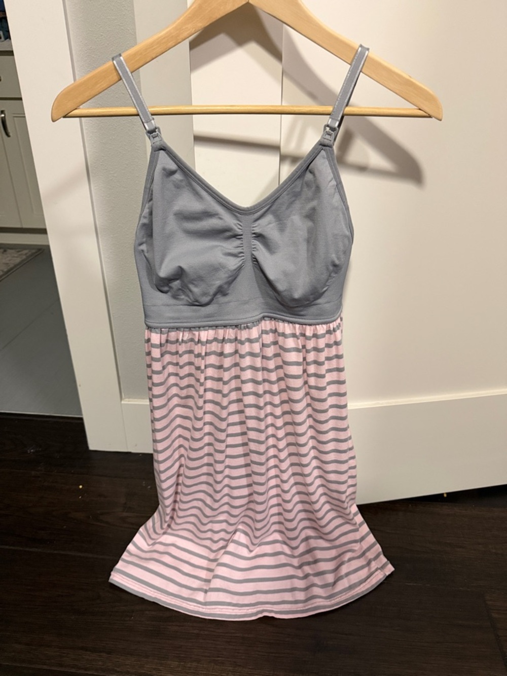 Motherhood Maternity Grey and Pink Striped Nursing Sleep Dress